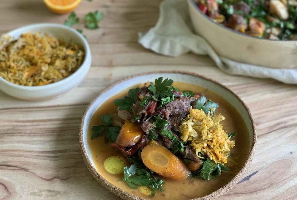Slow-cooked lamb stew with kale and orange zest